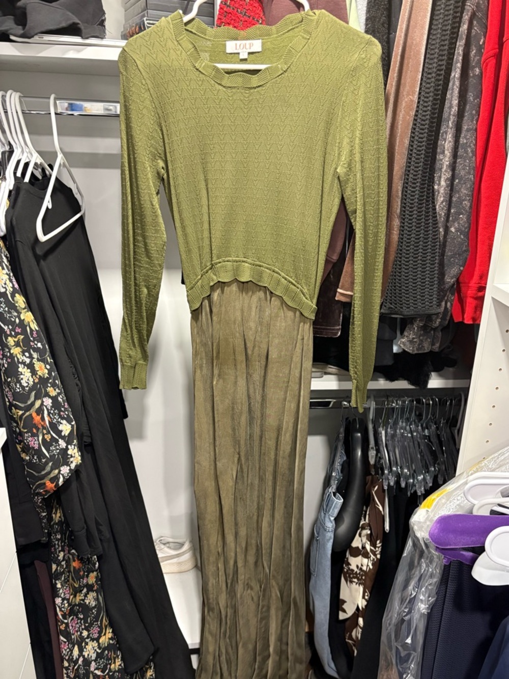 LOUP Olive Green Knit Maxi Dress with Textured Bodice